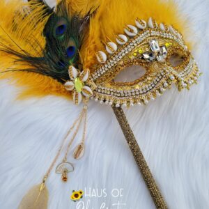 Oshun Inspired Peacock and Gold Mask With Bling Stick
