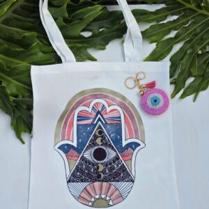Hamsa Evil Eye Tote Bag and Pink Keychain