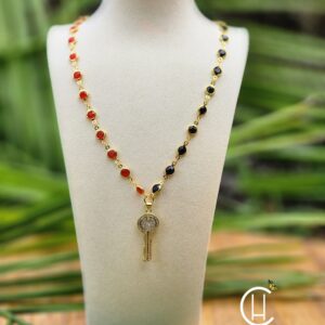 Black and Red Crystal Bead Necklace with Golden Key