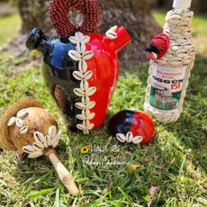 Eleggua Inspired Porron/Water Jug, Jicara, Natural Maraca, & 151 Proof Aguardiente Bottle Set