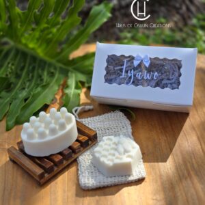 Iyawo Gift Box of Natural Castile Soap with Bamboo Soap Holder and Mesh Soap Bag Massage Bar